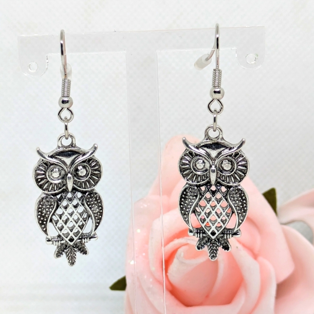 New Owl Dangle Earrings Silver Tone 2" Birds Nature Boho Fashion Festival